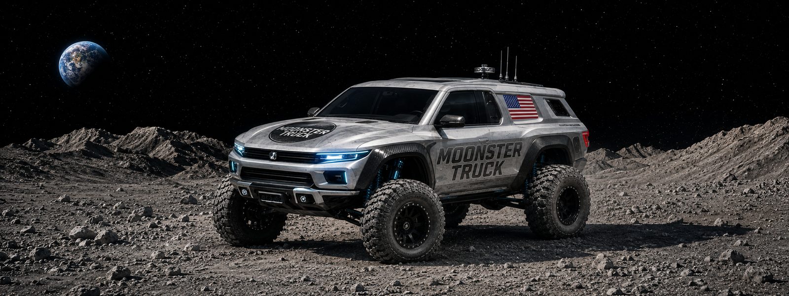 Moonster Truck front three-quarter view with headlights glowing on the lunar surface