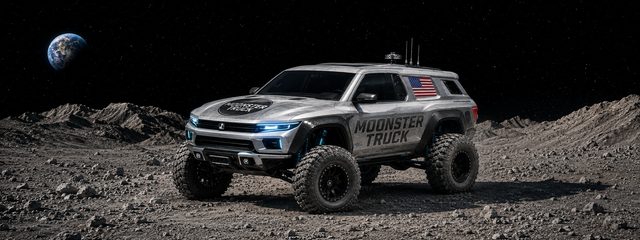 Moonster Truck coloring book cover art, front view with headlights glowing