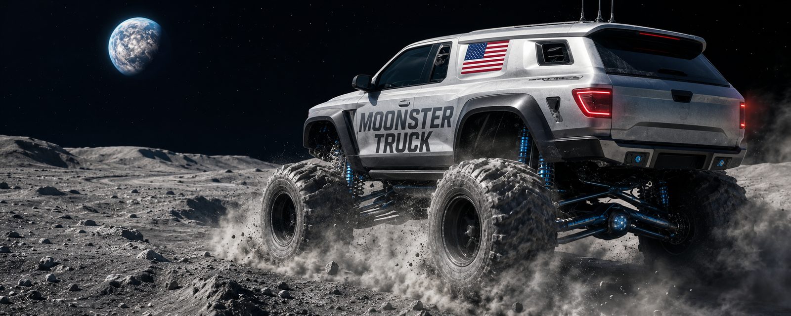 Moonster Truck kicking up moon dust, rear three-quarter view, with Earth rising over the lunar horizon