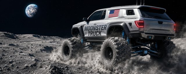 Moonster Truck coloring book cover art, rear view kicking up moon dust