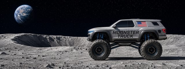 Moonster Truck coloring book cover art, side profile on the lunar surface